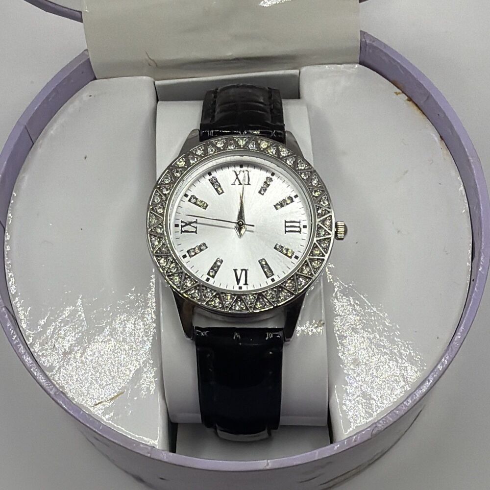 Women’s Rhinestone Bezel Quartz Watch Black Strap Box Needs Battery!